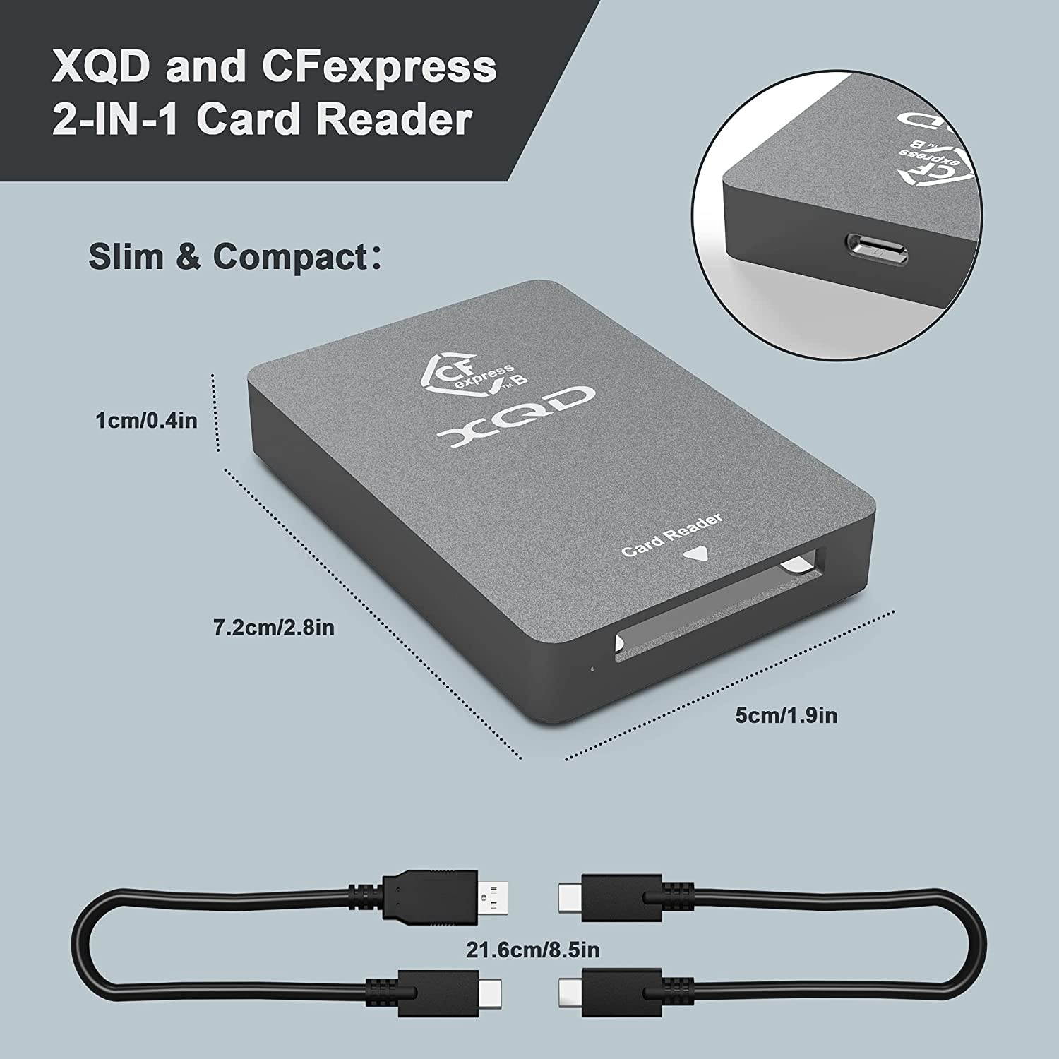 CFexpress Type B XQD Card Reader USB 3.1 Gen 2 10Gbps CFexpress XQD Reader Portable Aluminum CFexpress Card Adapter for CFexpress Type B Card and Sony G/M Series, Lexar 2933x/1400x USB Mark XQD Card