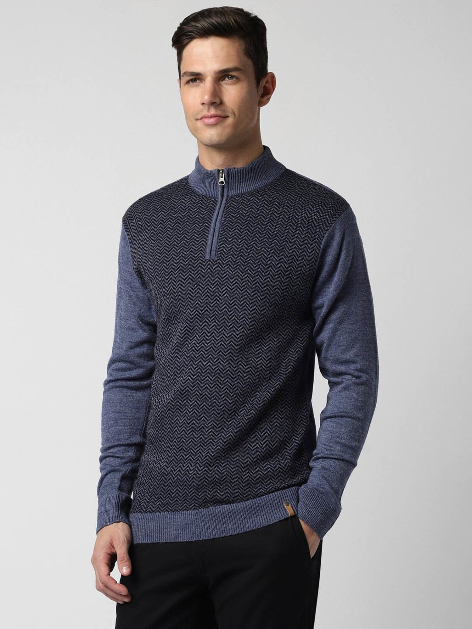 Peter England Casuals Blue Regular Fit Self Pattern Sweater