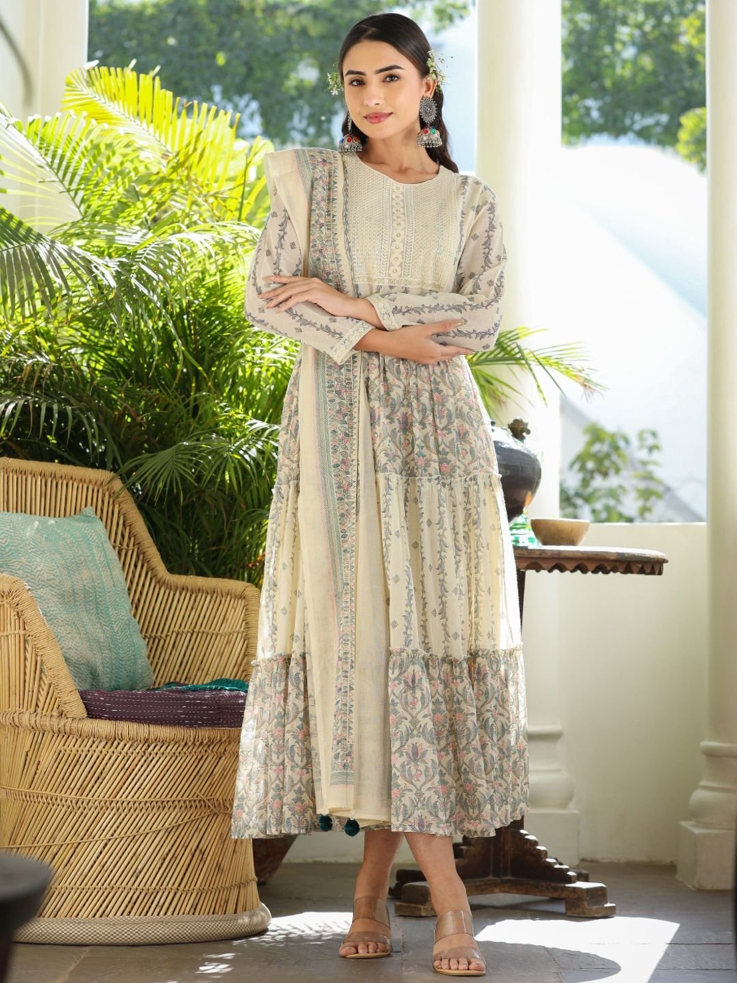 Zolo Label Cream Cotton Embroidery A-Line Dress With Dupatta