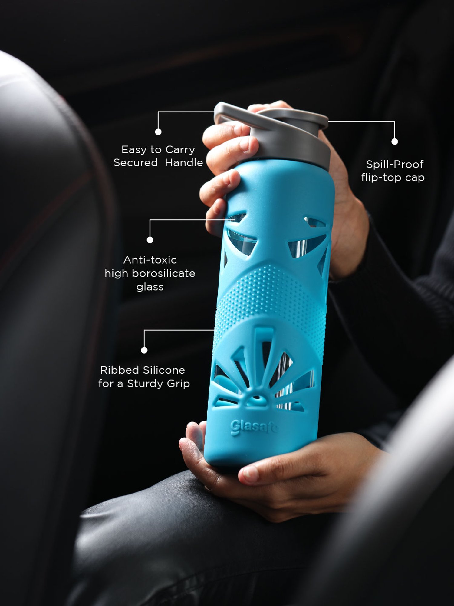 Glasafe Tranquil Teal Borosilicate Bottle with 4 Drinking Glasses