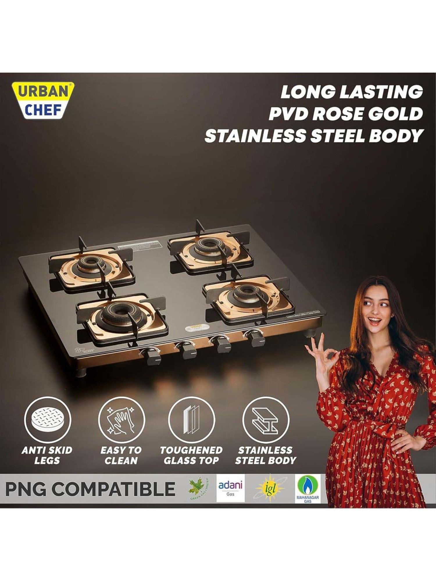 Urban Chef Gas Stove with 4 burners ( Rose Gold )