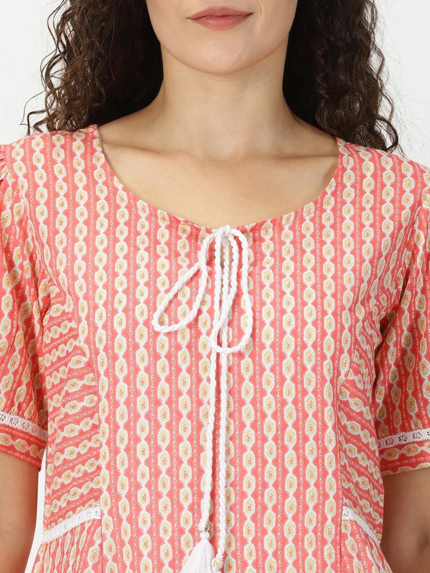 Saffron Threads Coral Cotton Printed Ethnic Dress