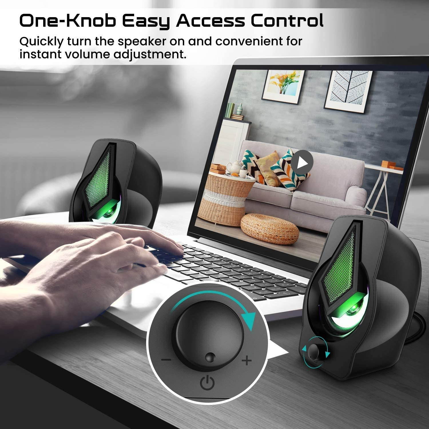 Computer Speakers PC Speakers 2.0 USB Powered Stereo Volume Control with LED Light Mini Portable Gaming Speakers 3.5mm for PC Cellphone Tablets Desktop Laptop