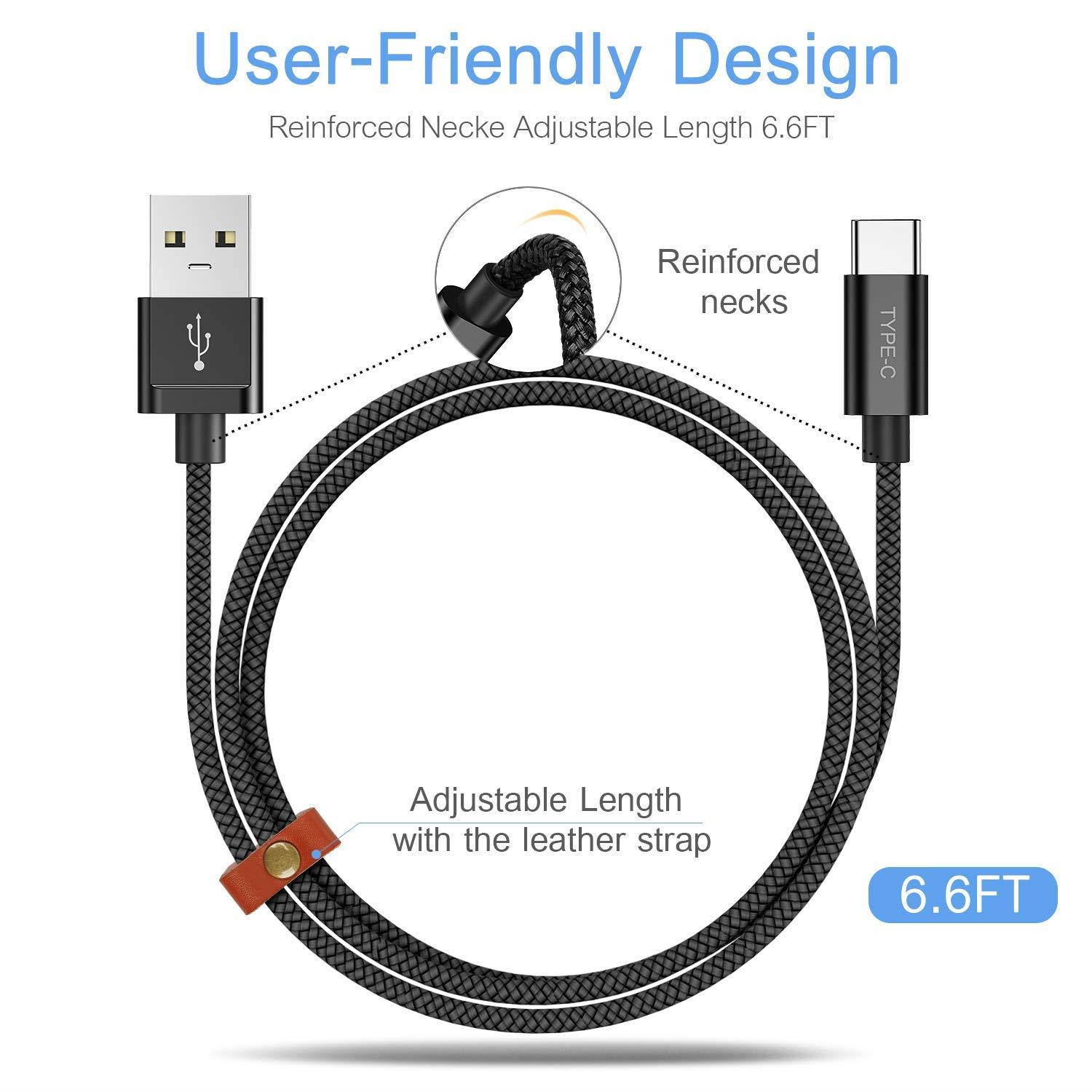 USB Type C Charger Cable 6.6FT,2-Packs,Basesailor Nylon Braided Charging Cord,Works with Samsung Galaxy Note 9 8 S8 S9 Plus,LG V40 V35 V30 G7 G6 Thinq,Google Pixel 3 2 XL,Moto Z3,ZTE Blade Zmax,Black