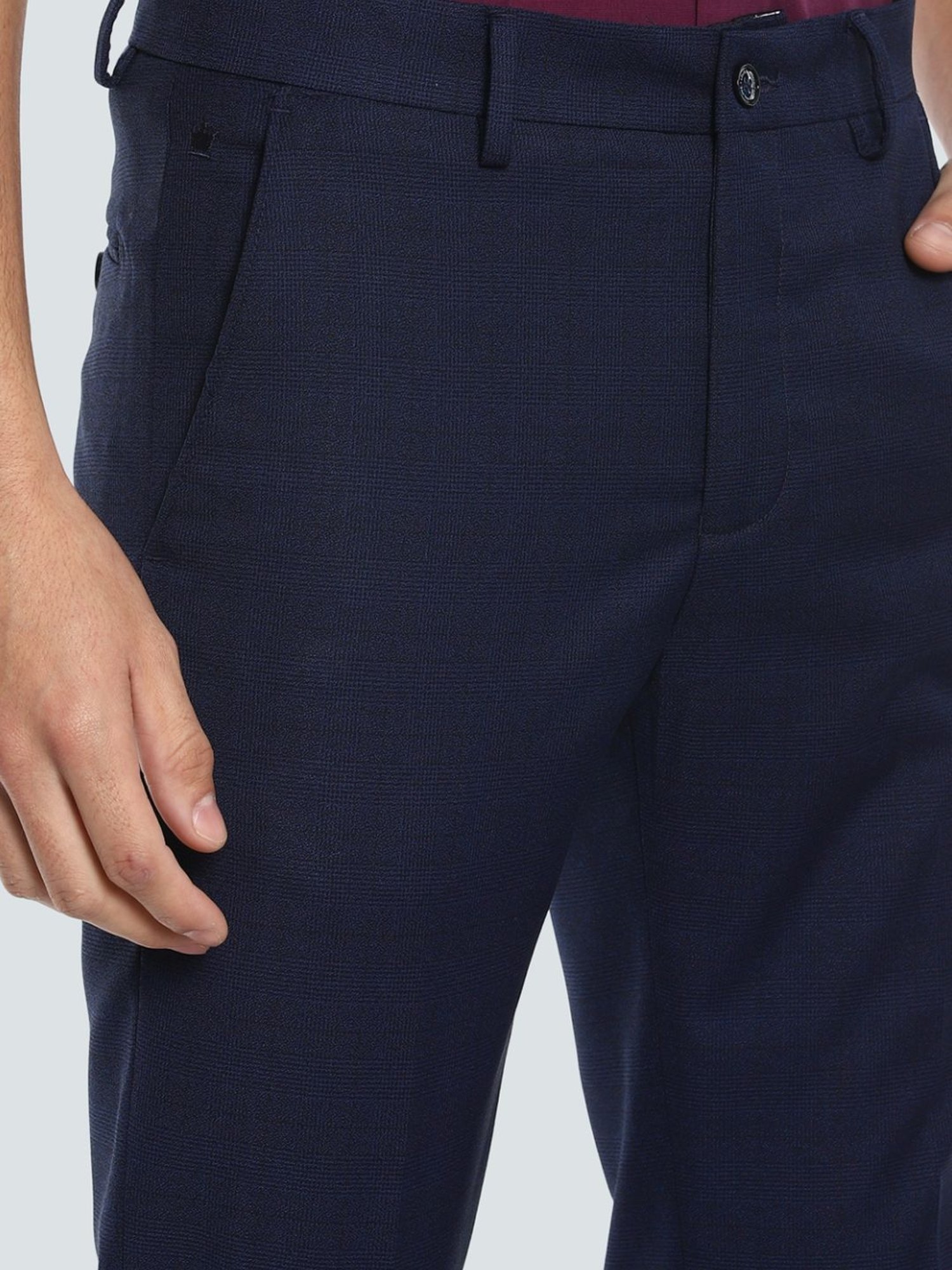 Louis Philippe Navy Slim Fit Checks Flat Front Trousers