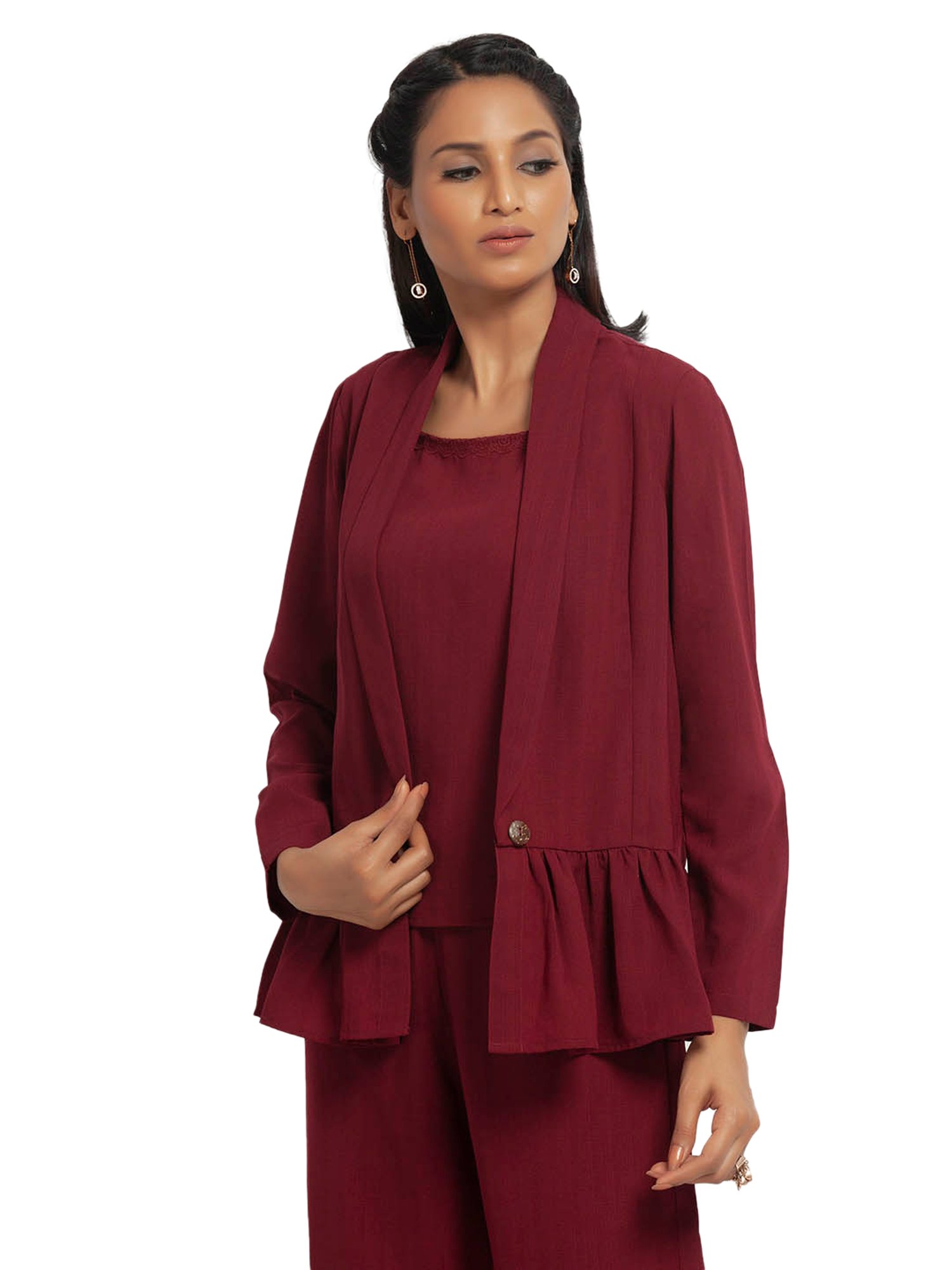 Office & You Maroon Full Sleeves Jacket With Gathers