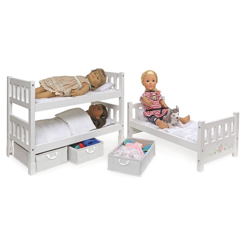 Badger Basket 1-2-3 Convertible Doll Bunk Bed with Bedding and Baskets - White Rose