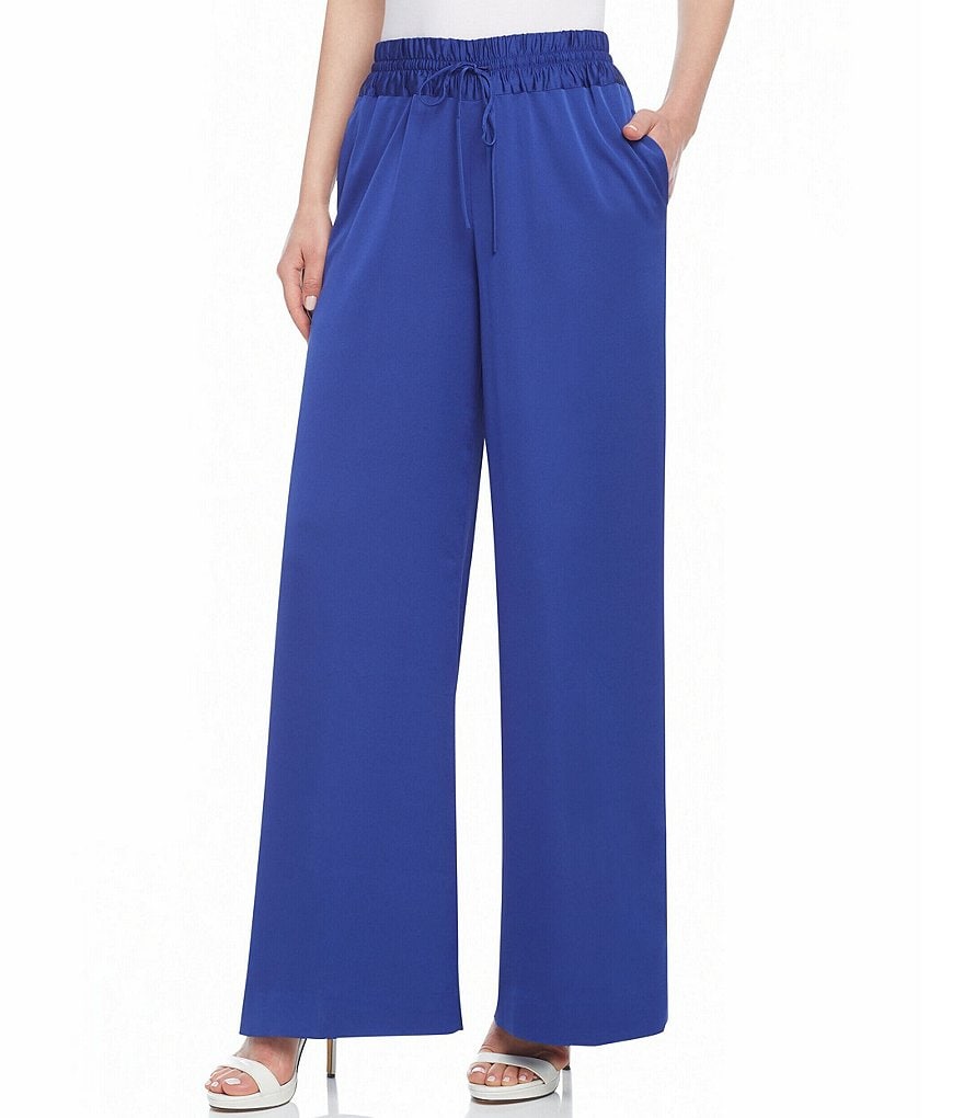 Anne Klein Satin Crepe Full Length Wide Leg Drawstring Culotte Pants