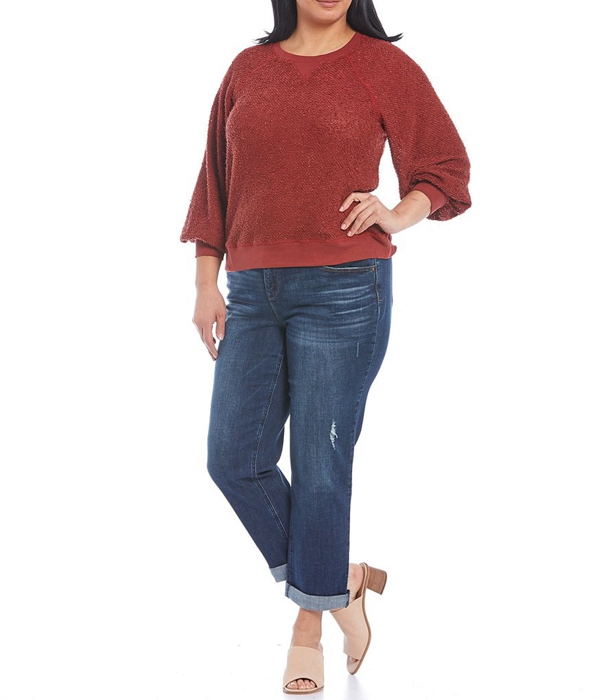 Democracy Plus Size Crew Neck Long Blouson Sleeve Novelty Knit Sweatshirt