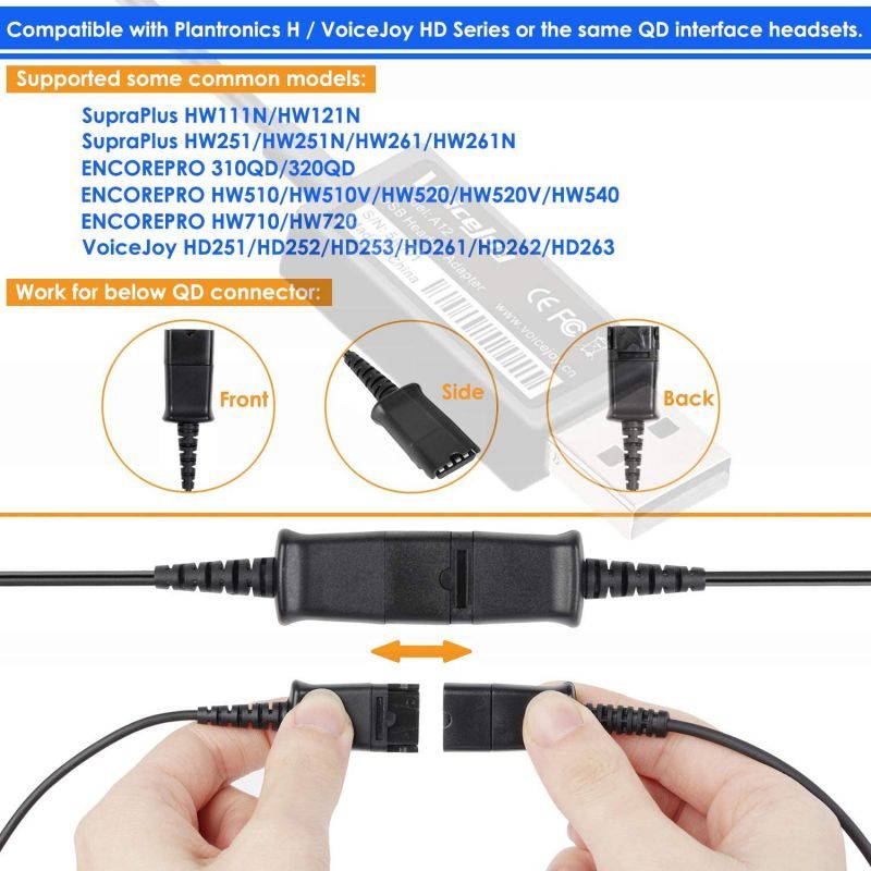 Call Center Office Headset Quick Disconnect QD Cable to USB Plug Adapter Compatible with Plantronics Headset QD Connector Plug to Any Computer Laptop VOIP Softphone