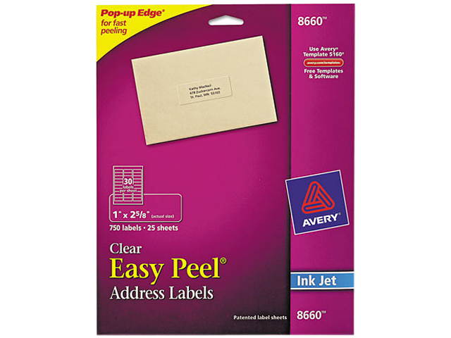 Avery Matte Clear Address Labels, Sure Feed Technology, Inkjet, 1.00" x 2.63", 750 Labels (8660)