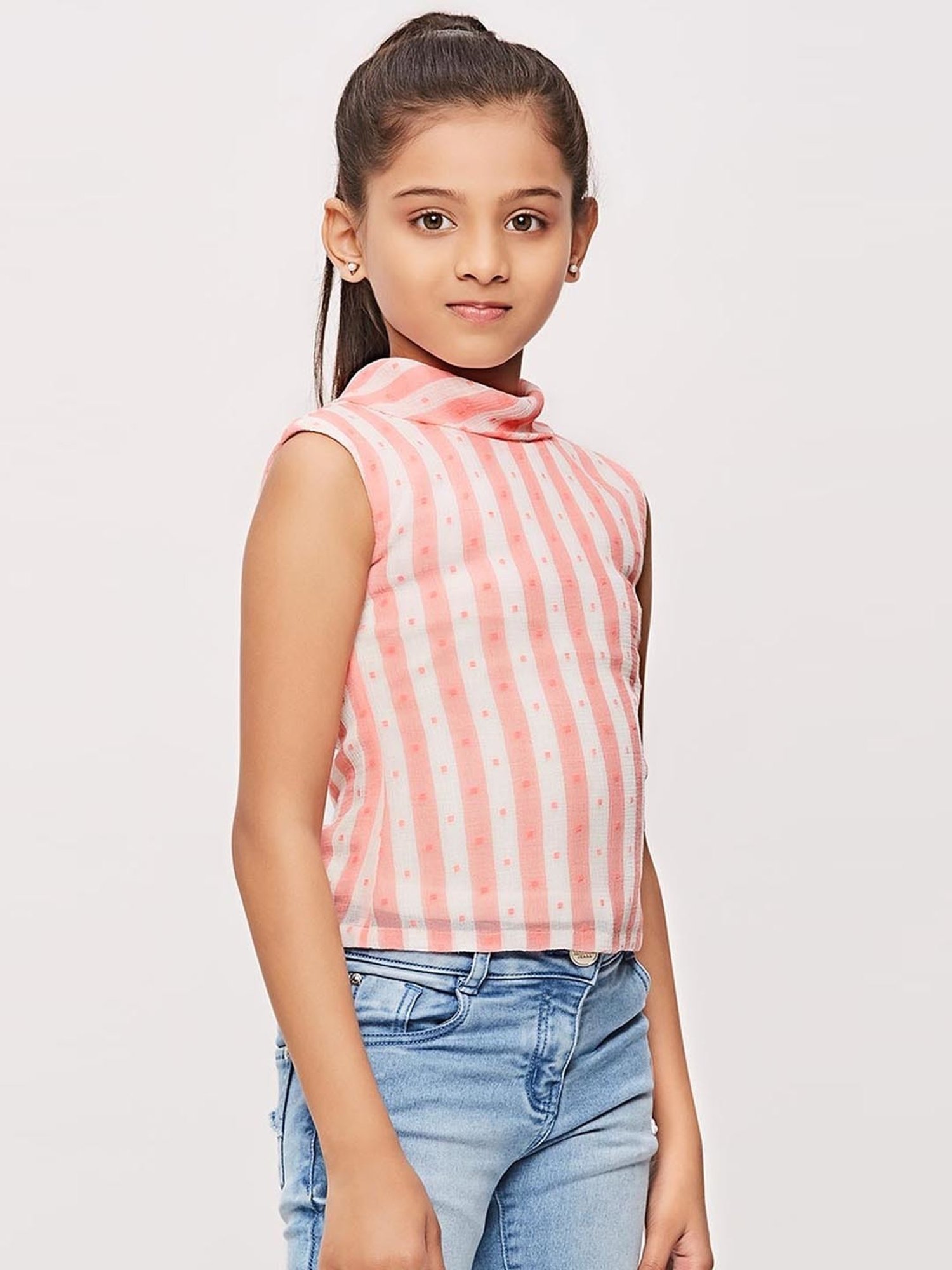 Tiny Girl Peach & White Striped Top