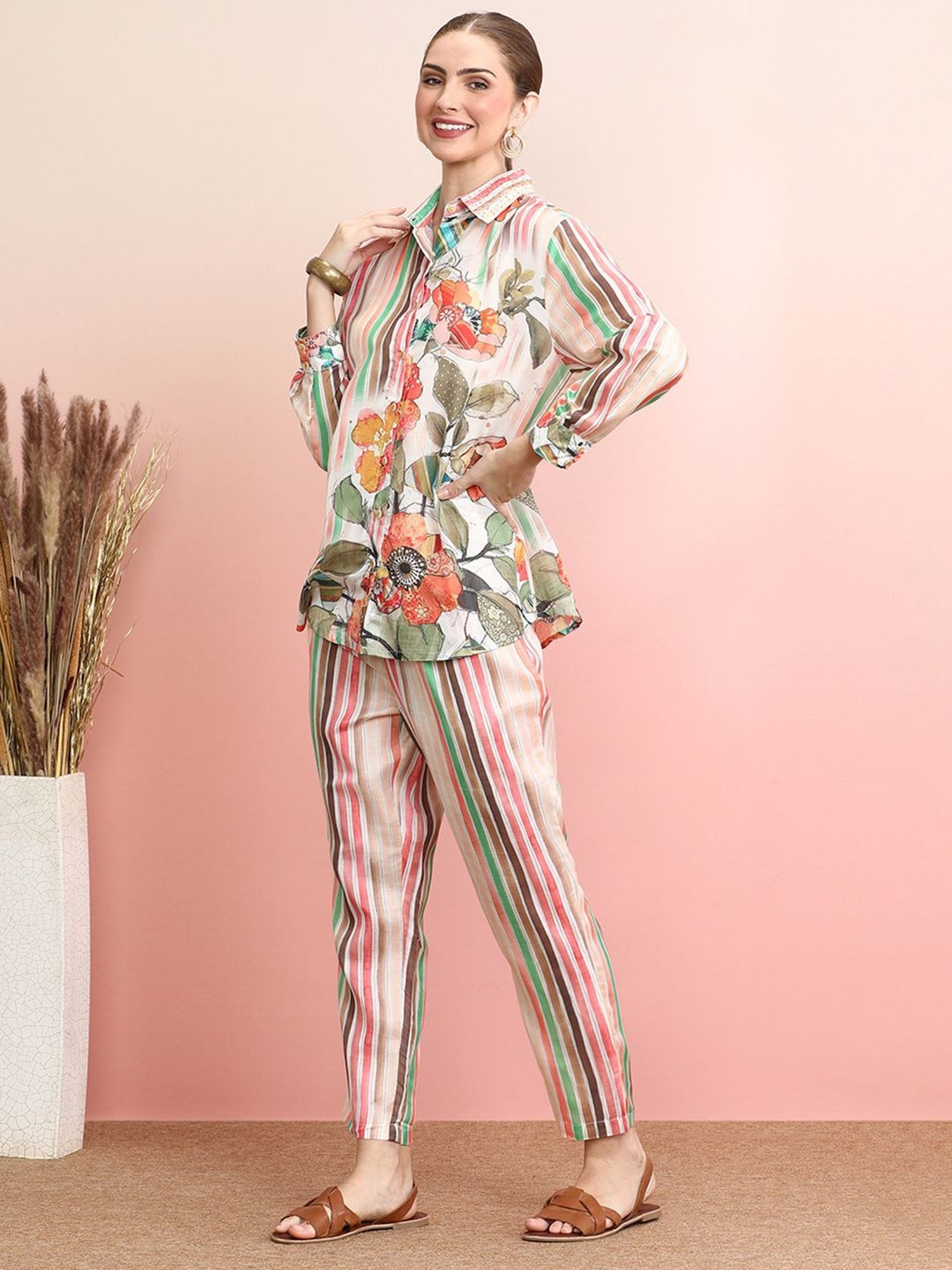 Indo Era Multicolored Floral Print Shirt Pant Set