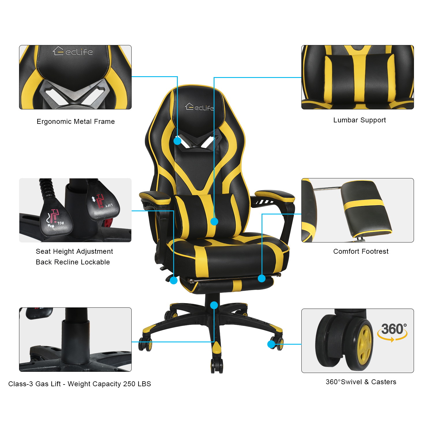 Eclife Gaming Chair Office Chair High Back Computer Chair Leather Desk Chair Ergonomic Adjustable Swivel Task Chair with Massage Lumbar Support and Footrest