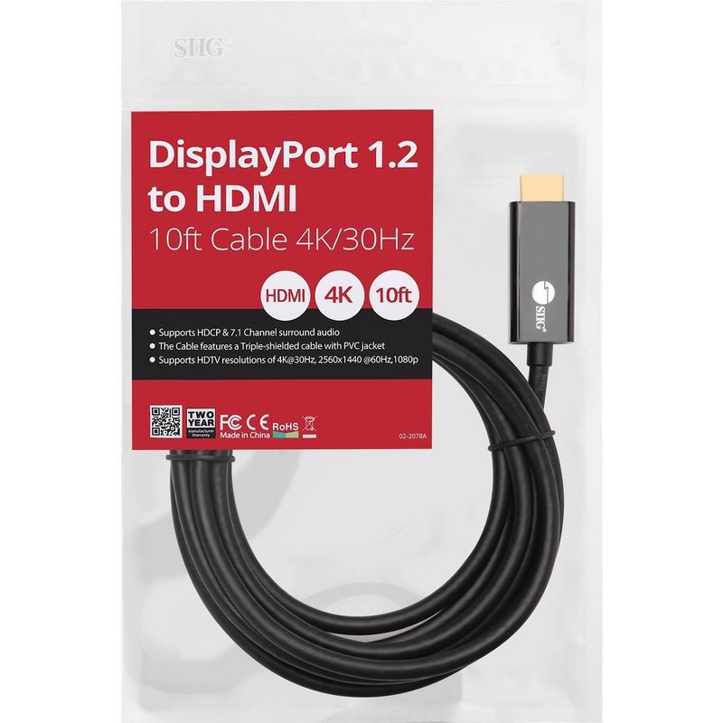 SIIG DisplayPort 1.2 to HDMI 10ft Cable 4K/30Hz