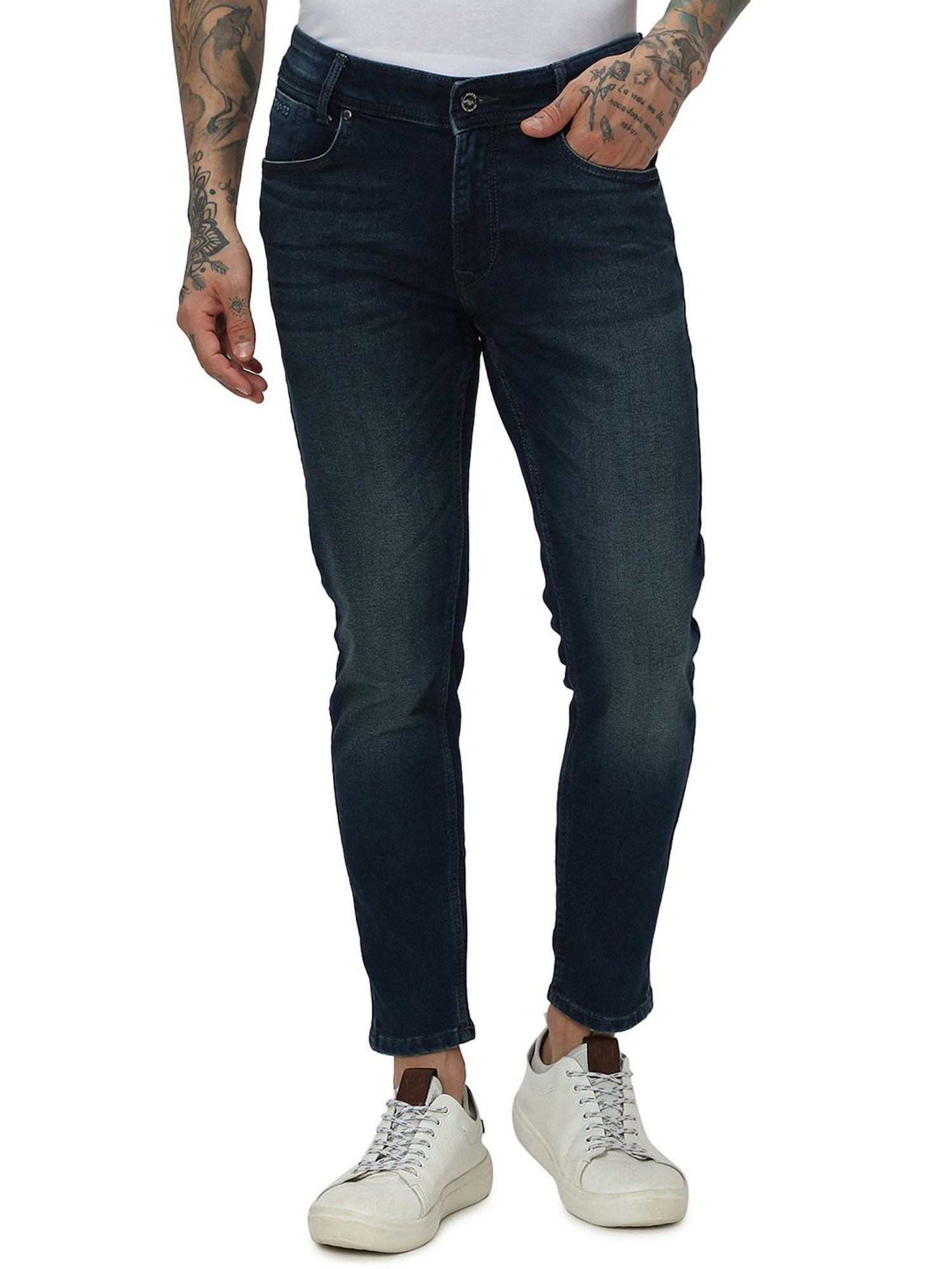 Mufti Dark Blue Slim Fit Lightly Washed Jeans