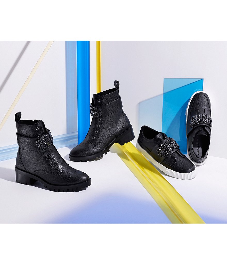 KARL LAGERFELD PARIS Pippa Jeweled Strap Leather Lug Sole Combat Booties