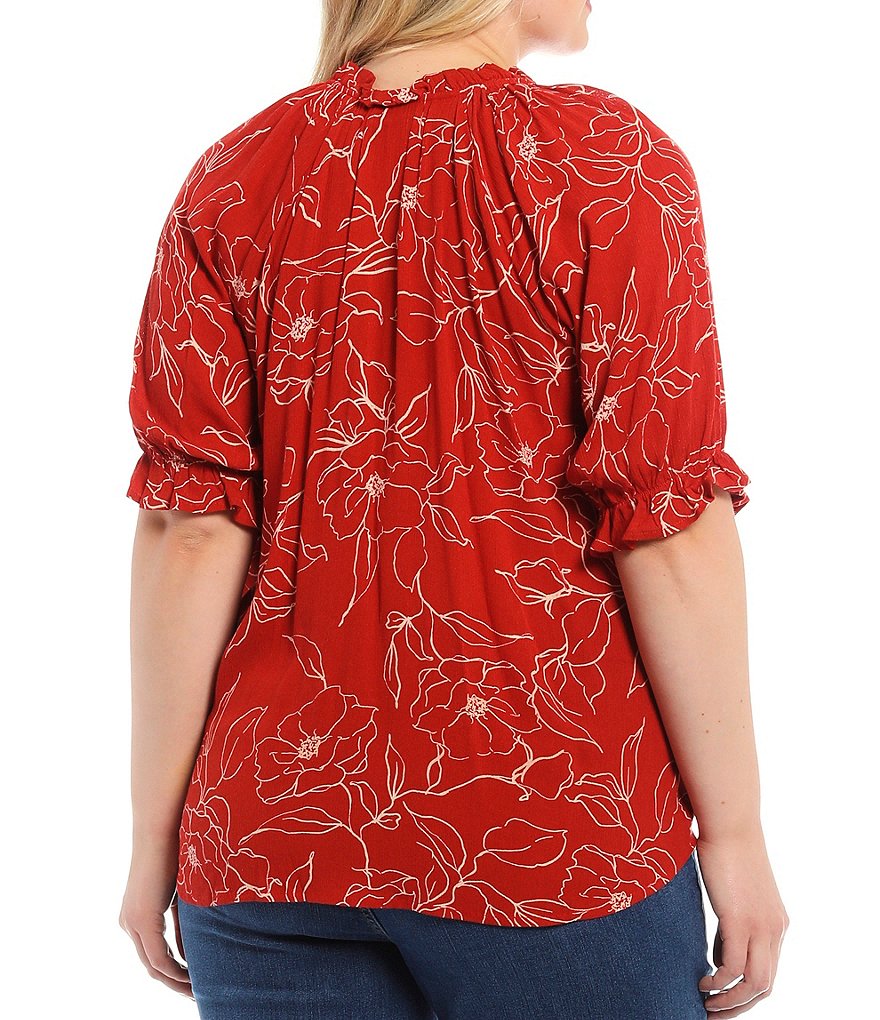 Bobeau Plus Size Red Floral Print Ruffle Trim Banded Collar Neck Short Sleeve Button Down Top