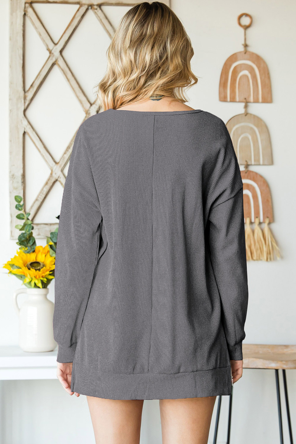 Grey Drop Shoulder Side Slit Pullover Long Sleeve Top