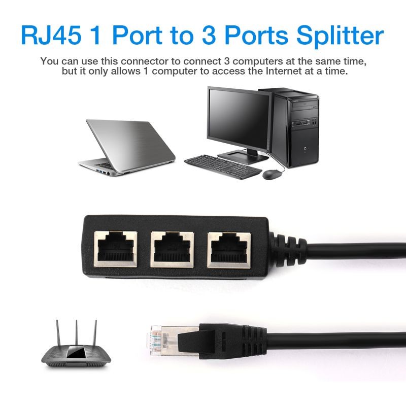 RJ45 1 Port to 3 Ports Splitter Network Ethernet Splitter Cable 1 Male to 3 Female Ports Ethernet Extension Cable Socket Adapter Interface Black