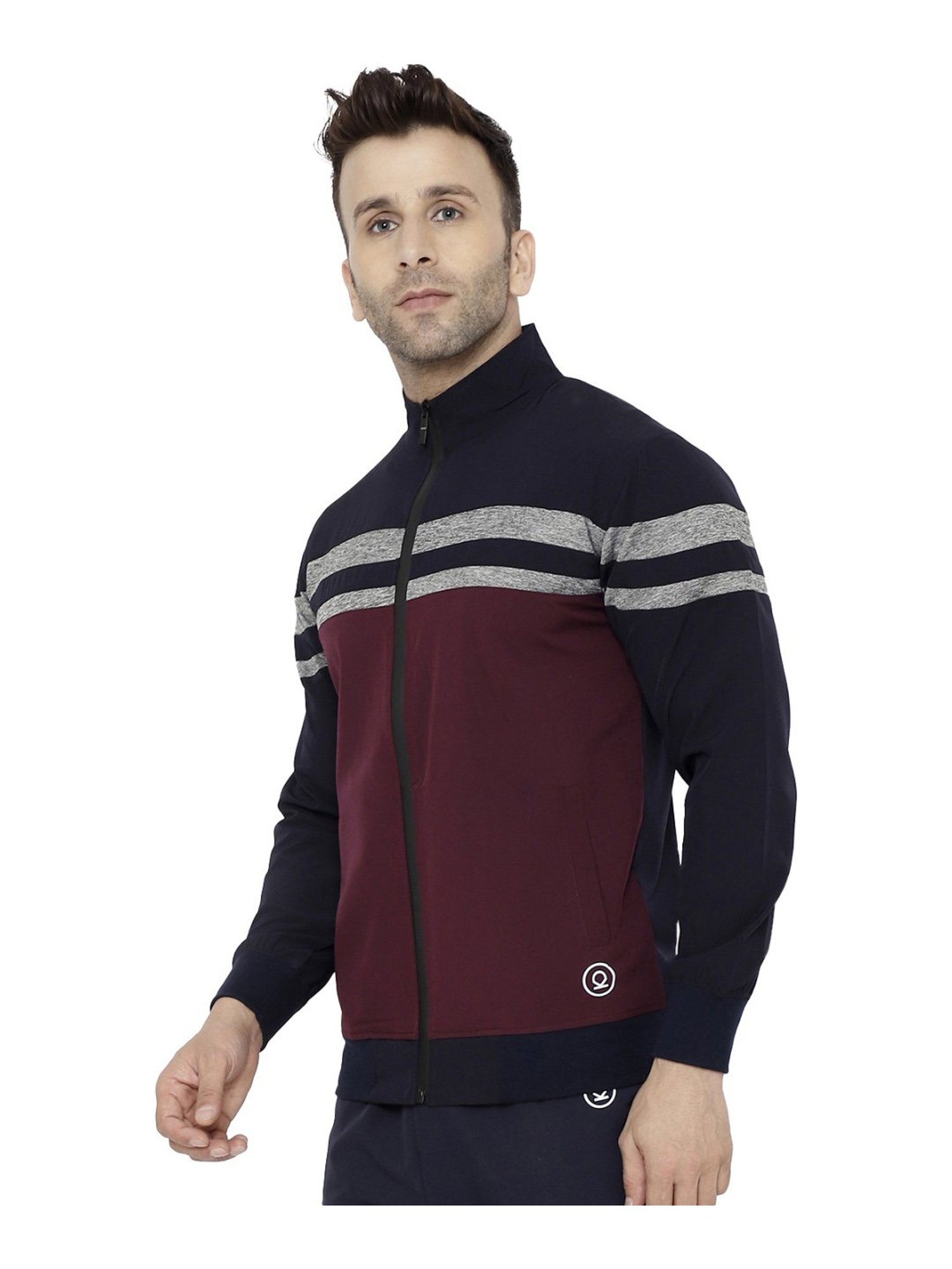 Chkokko Navy & Maroon Regular Fit Colour Block Sports Jacket