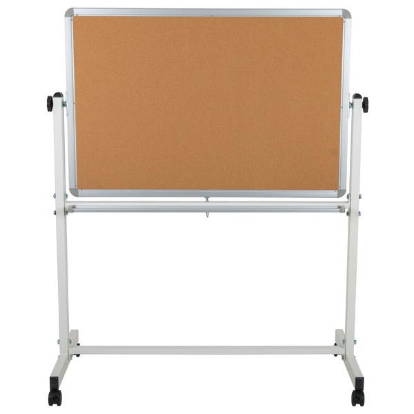 HERCULES Series 45.25"W x 54.75"H Reversible Mobile Cork Bulletin Board and White Board with Pen Tray