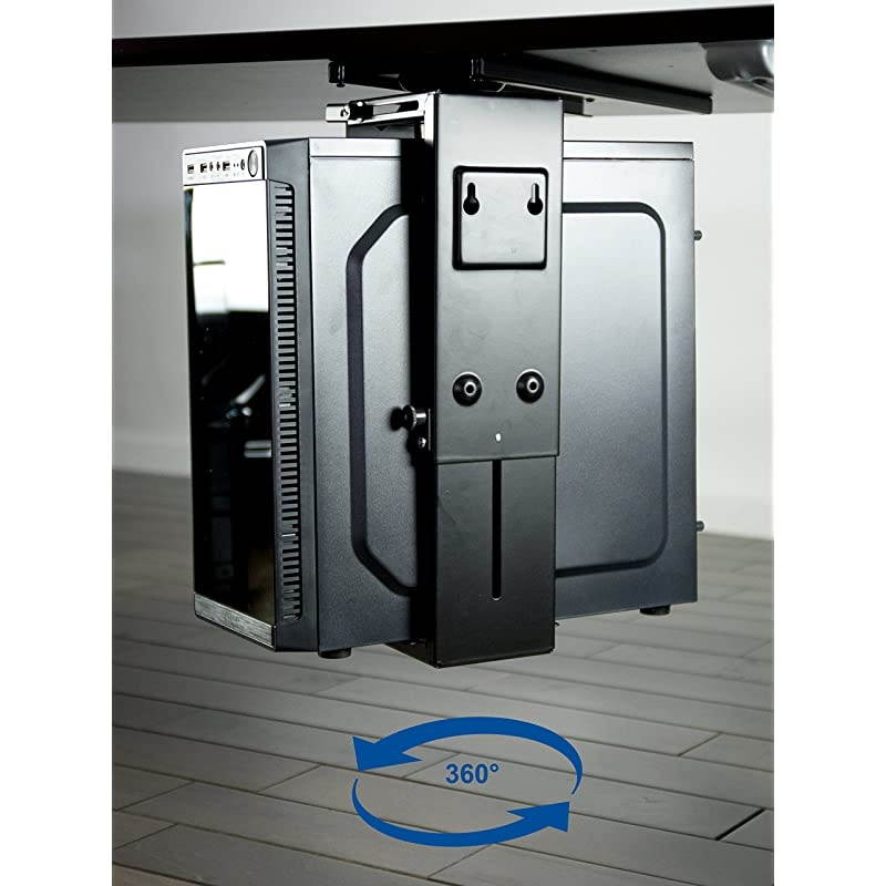 Black Adjustable UnderDesk Slider PC Mount | Computer Case Holder with Pullout Slide Track and 360 Degree Swivel MOUNTPC01D