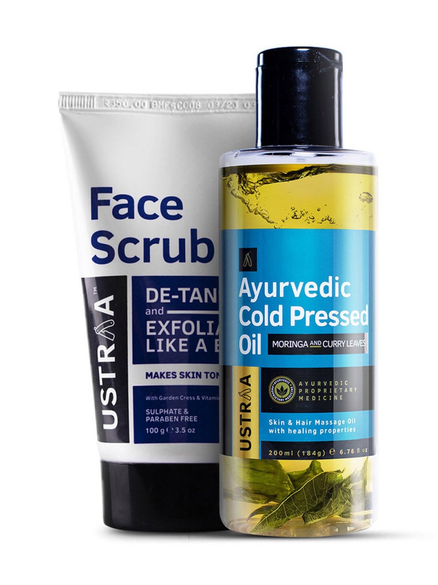 Ustraa Ayurvedic Cold Pressed Oil - 200 ml & De Tan Scrub - 100 gm