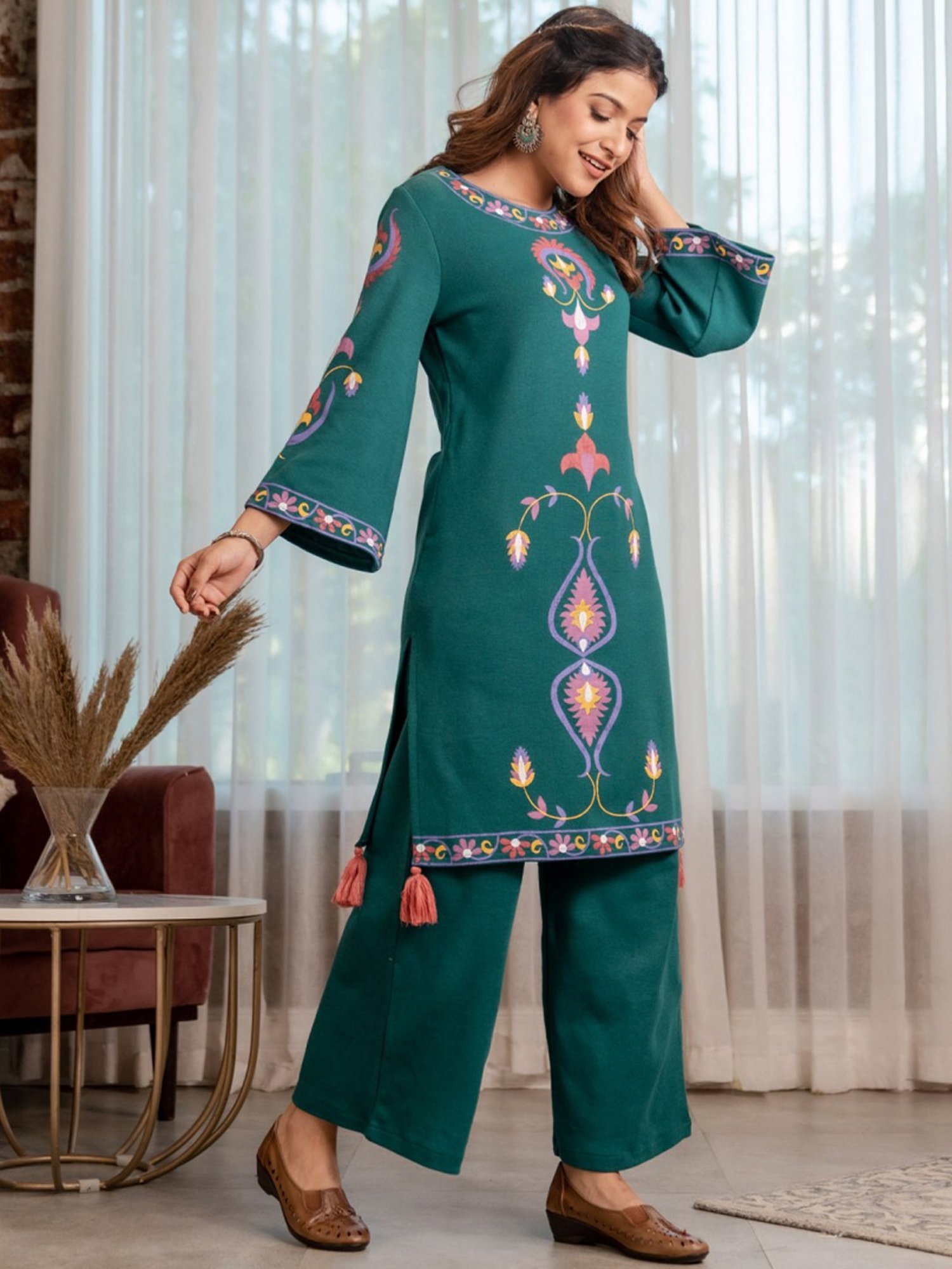 Rustorange Green Printed Straight Kurta