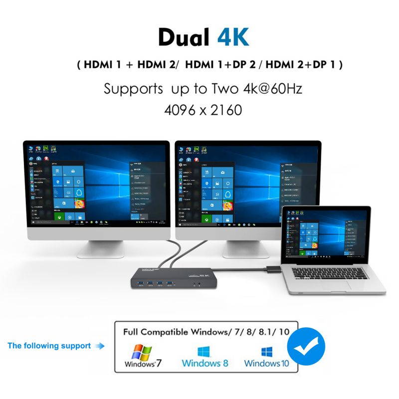 Wavlink USB C Dual 4K HDMI&DP Universal Docking, with 60W Power Delivery, Dual 4K@60Hz, Single 5K@60Hz Displaylink Dock 2 x HDMI, 2 x DisplayPort, Gigabit Ethernet, 2 x USB-C Ports, 4 x USB 3.0, Audio