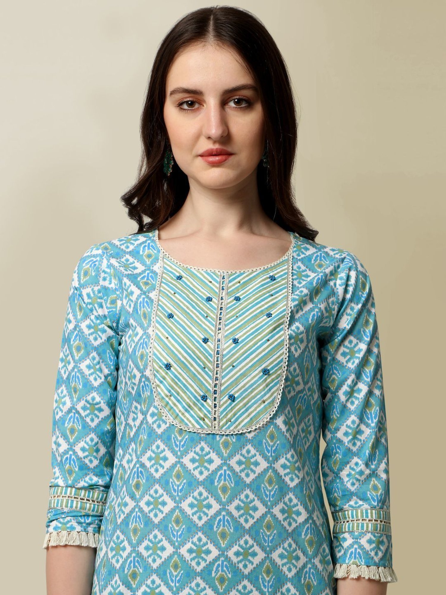 MIRCHI FASHION Aqua Blue Cotton Embellished Kurta Pant Set With Dupatta