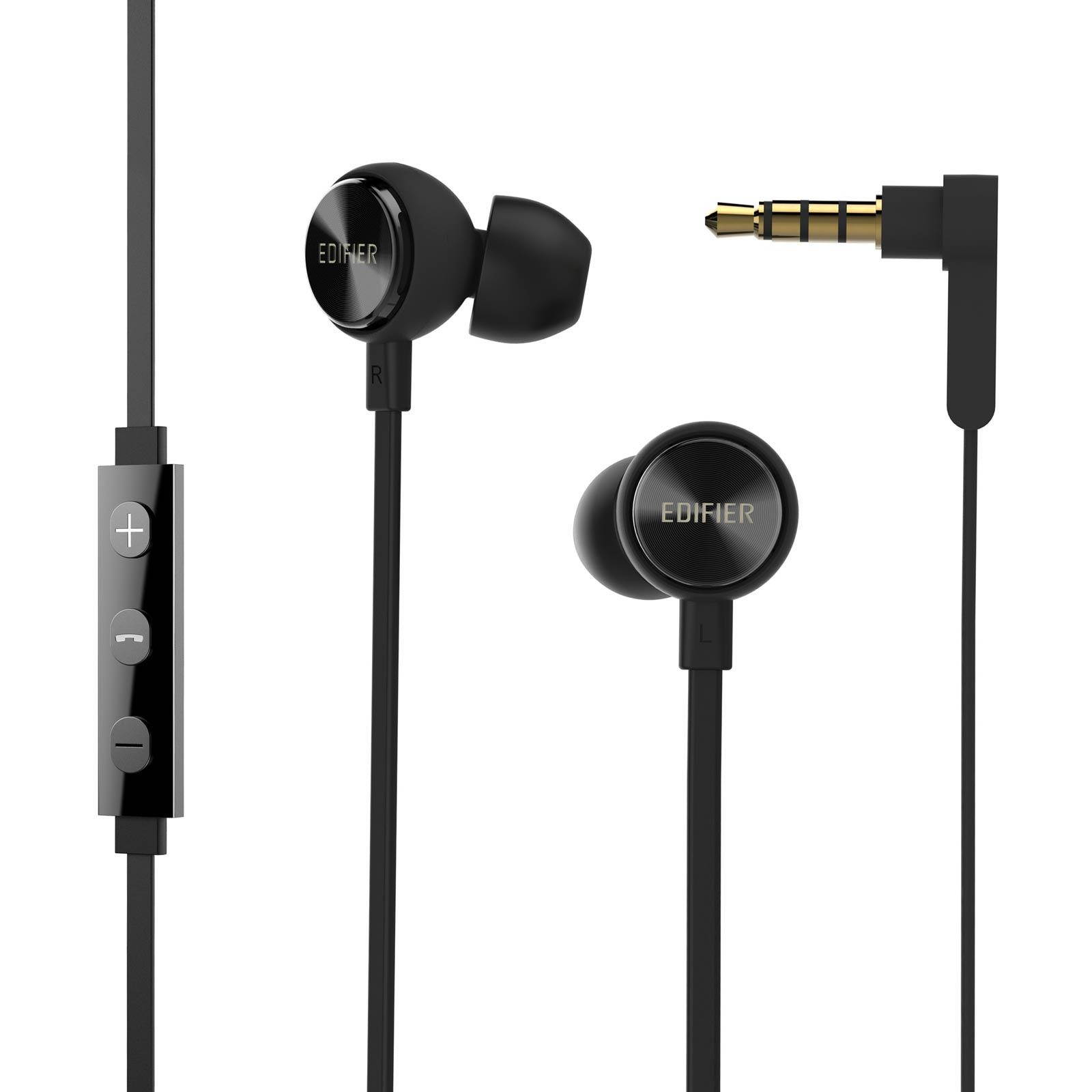 Edifier P293 Plus Headphones In-Ear Earphones Inline Volume Playback Controls Flat L Shaped Cable Comfortable Eartips - Black