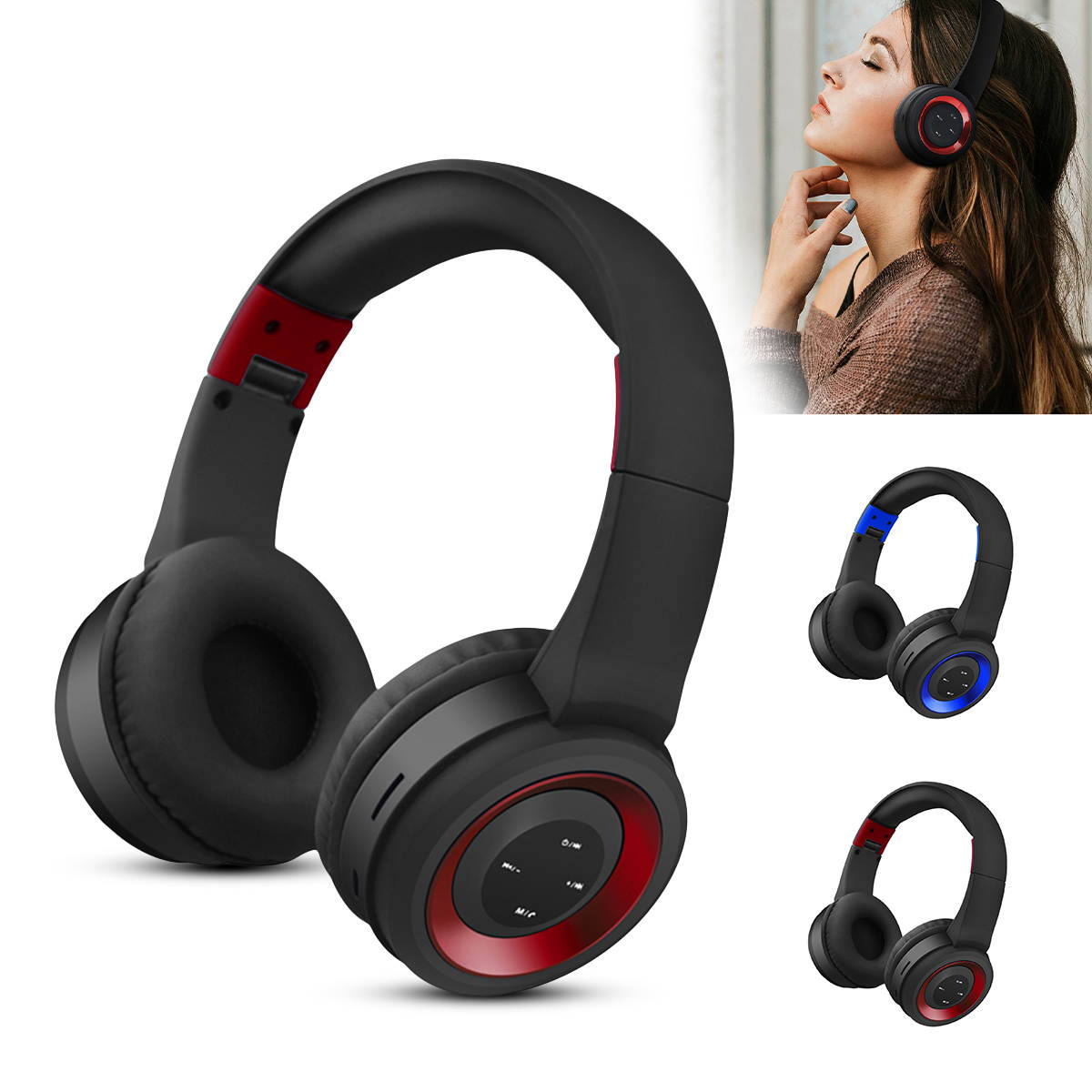 Wireless Bluetooth Headphones over Ear Stereo Super Bass Built-in Mic Foldable Headset Earphone for PC, Smart Phone, Tablet, Speakers