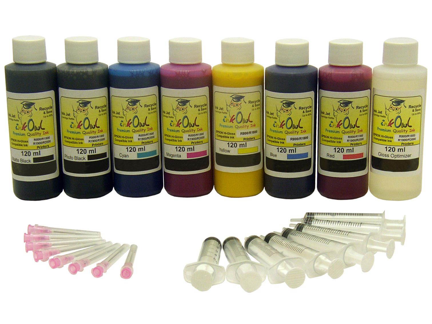 InkOwl Bulk Pigment Ink Refill Kit for EPSON Stylus Photo R800, R1800 (8x120mL)