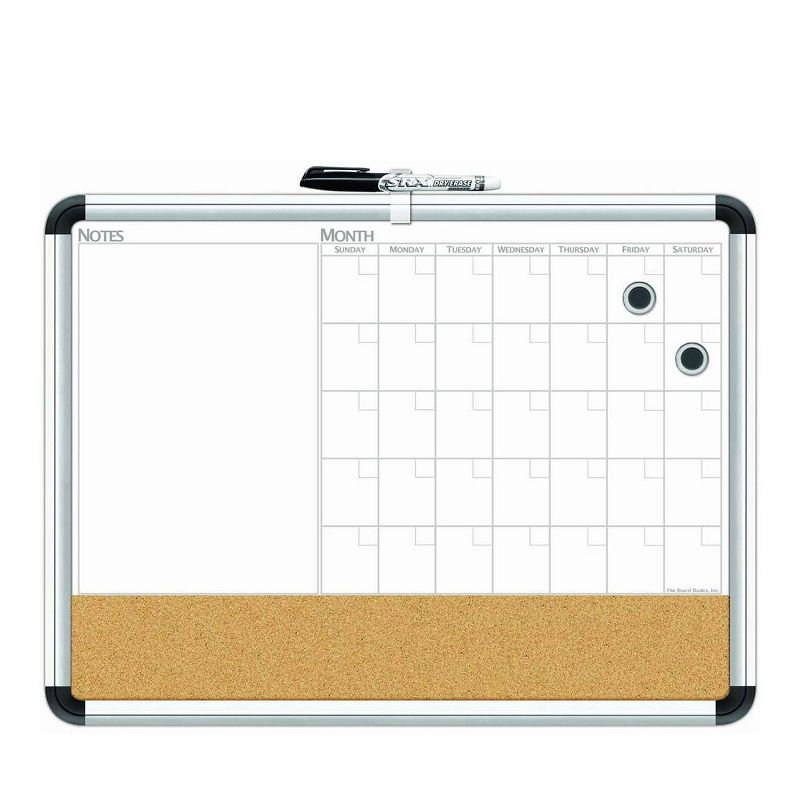 The Board Dudes CXP65 17 X 23 Inch Aluminum Frame Magnetic 3 In 1 Dry Erase Cork Calendar Board with 1 Marker, 2 Button Magnets, and Mounting Hardware