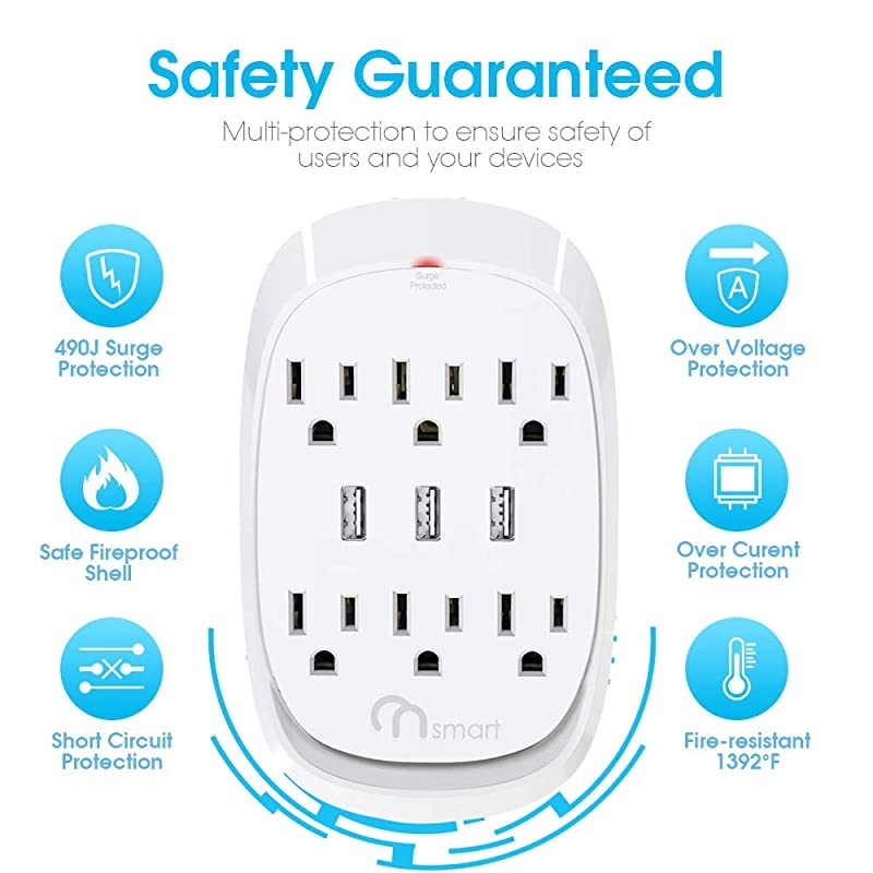 ON USB Wall Tap Surge Protector with 6 outlets 3 USB 34A Output Portable WallMount Socket 300J Surge Protection  Charging for Home Office Kitchen Travel White