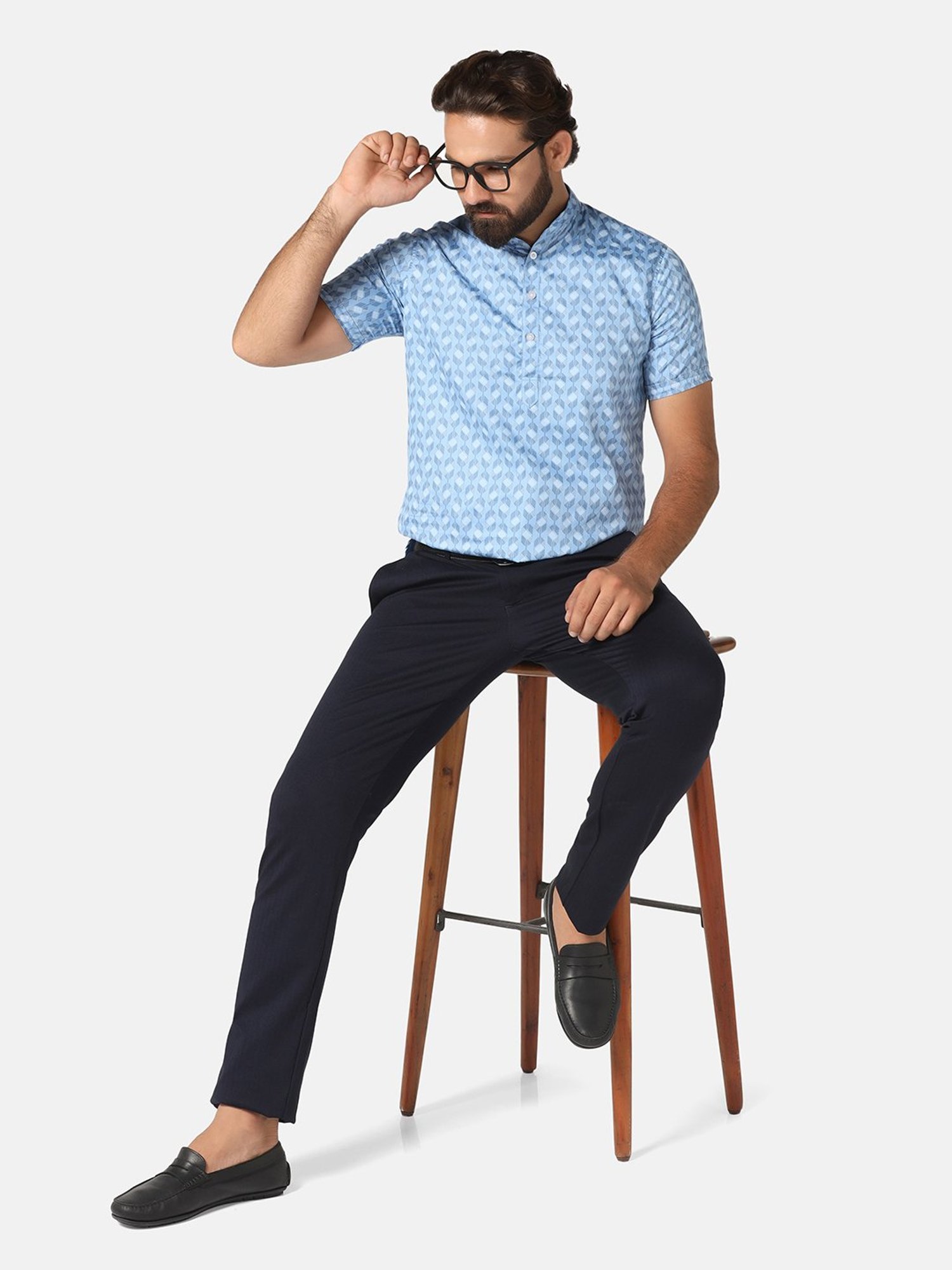 TAHVO Light Blue Slim Fit Printed Shirt