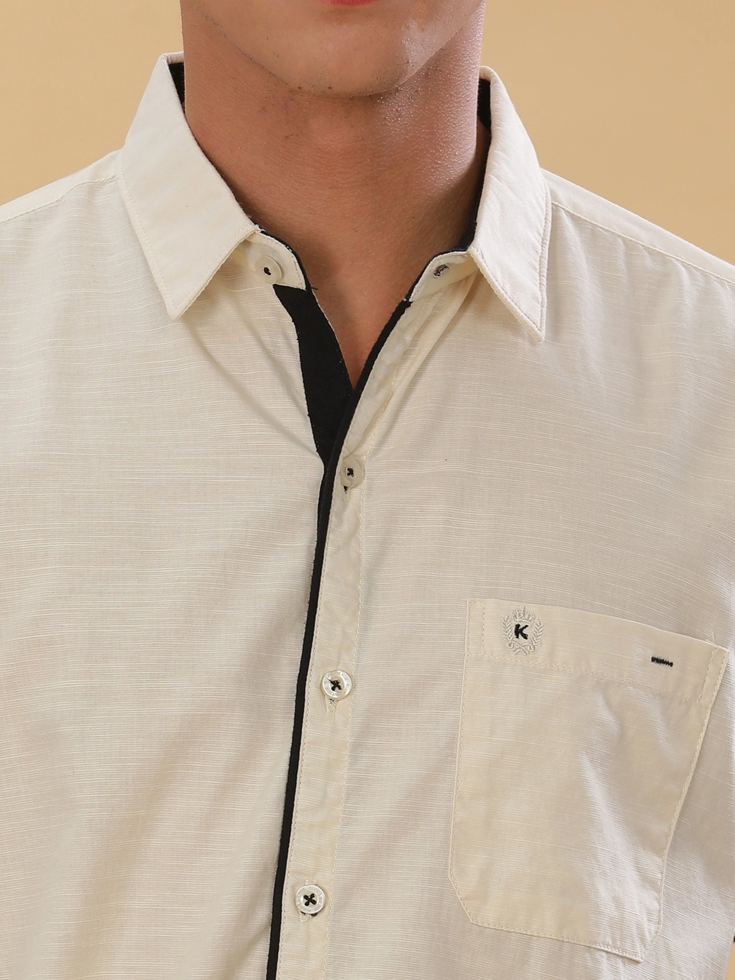 Kuons Avenue Beige Linen Slim Fit Self Pattern Shirt