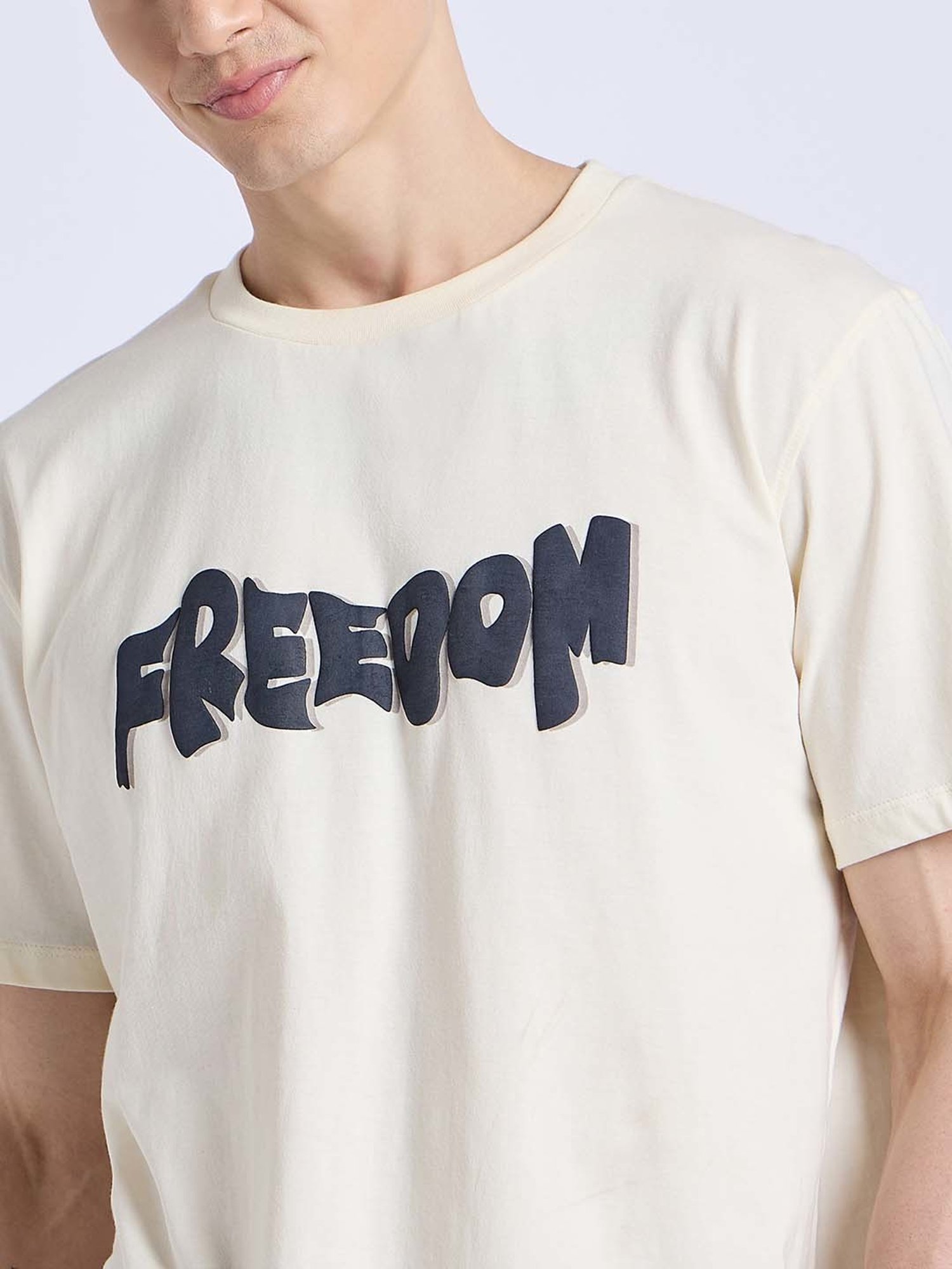 EDRIO Cream Regular Fit Printed Crew T-Shirt