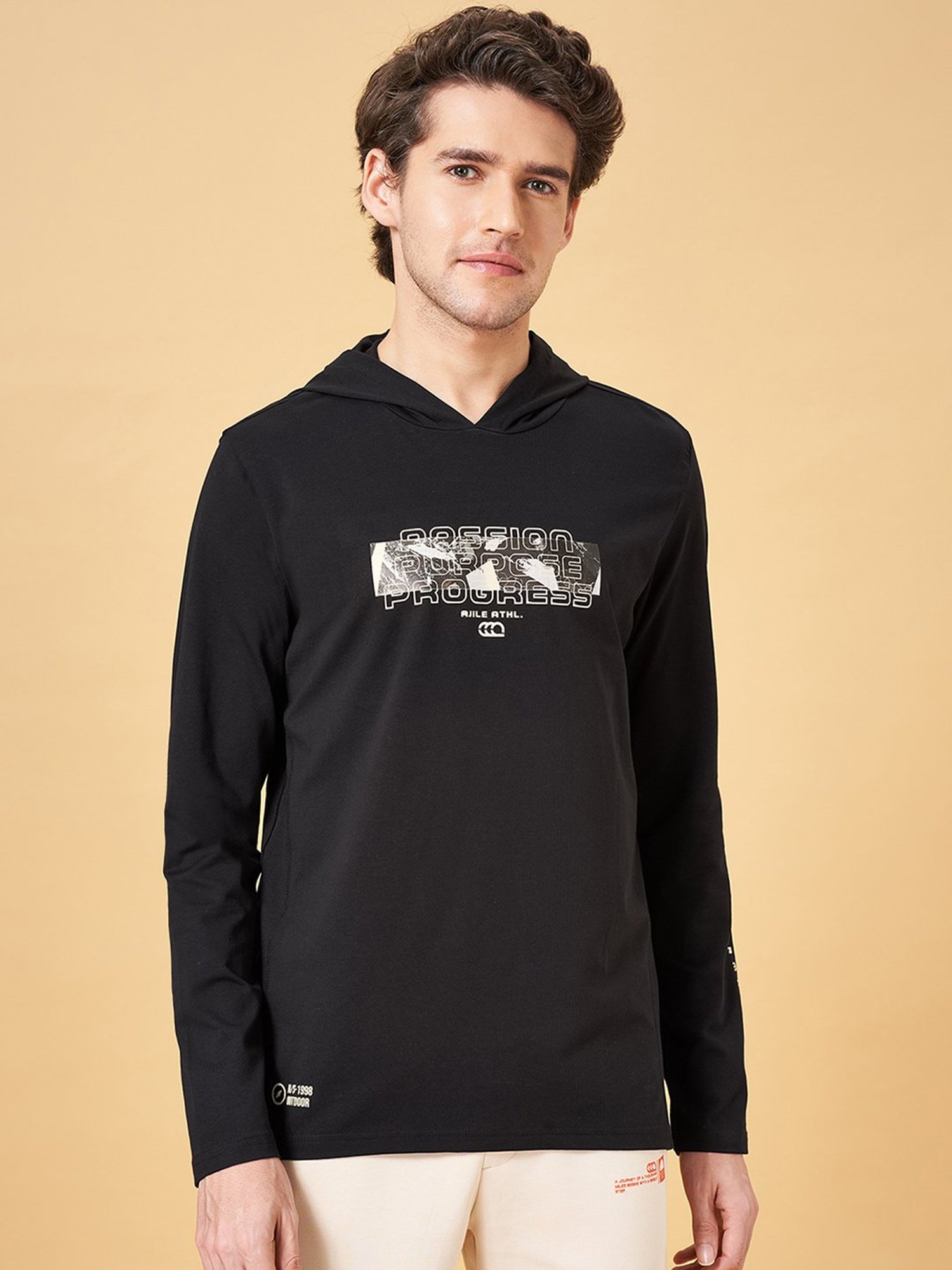 Ajile by Pantaloons Jet Black Slim Fit Graphic Print Hooded T-Shirt