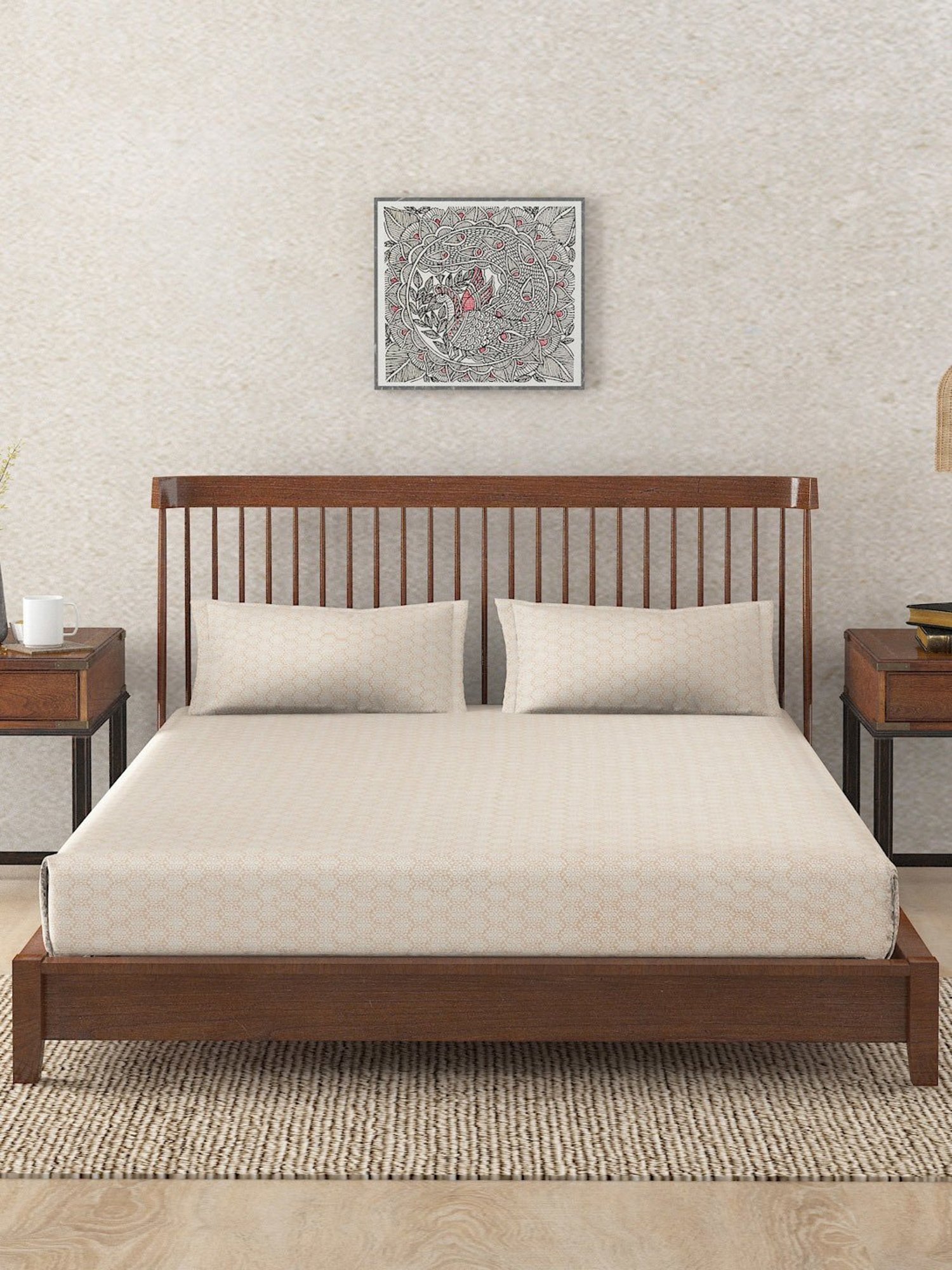 Fabindia Home Mihira Block Print Off White 180 TC Cotton Single Size Bed Sheet with 2 Pillow Covers