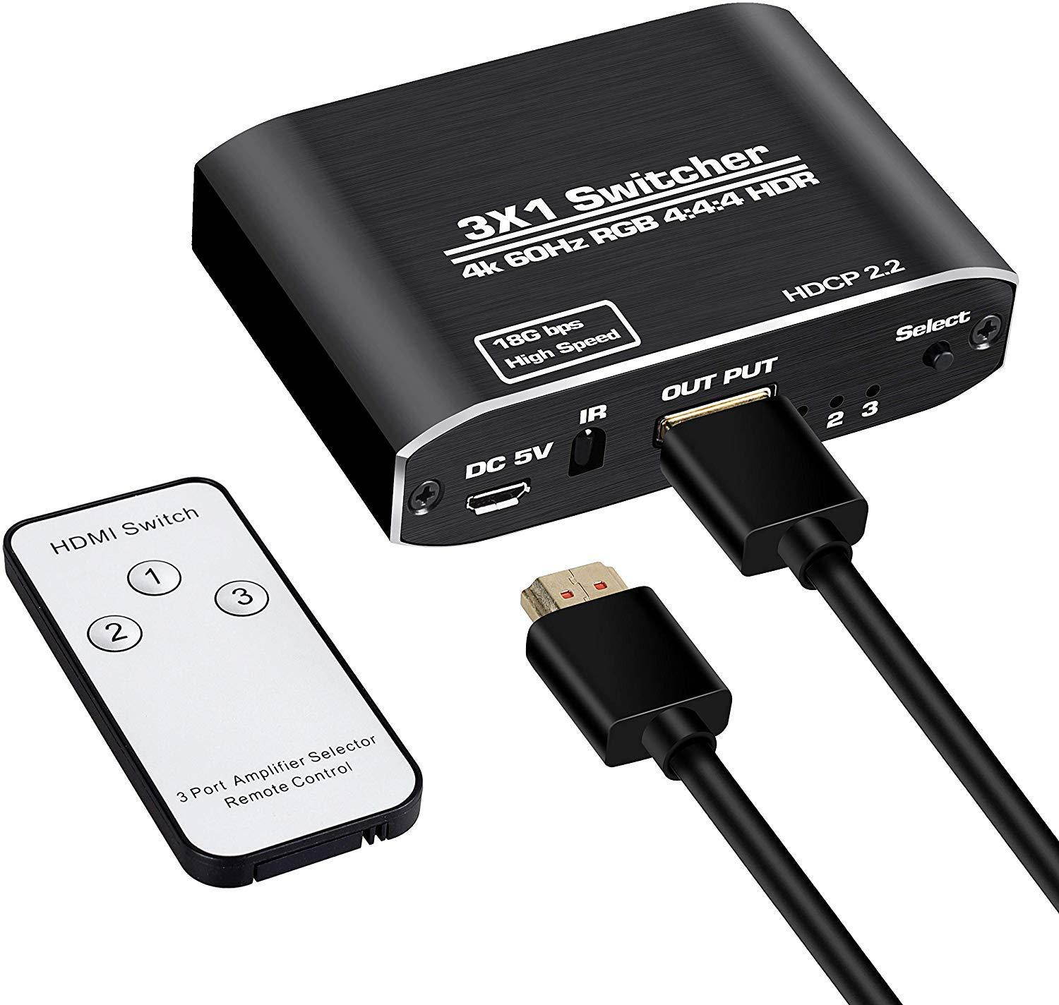 HDMI 2.0 Switch 3 Input 1 Output Switch HD 4Kx2K@60HZ HDR, 3D 1080P Remote/Manual switching for Xbox,PS4 Nintendo Switch/Wii,Beamer,DVB receiver,Blu-ray,DVD players,Apple TV,Roku Stick/Fire Stick,PC