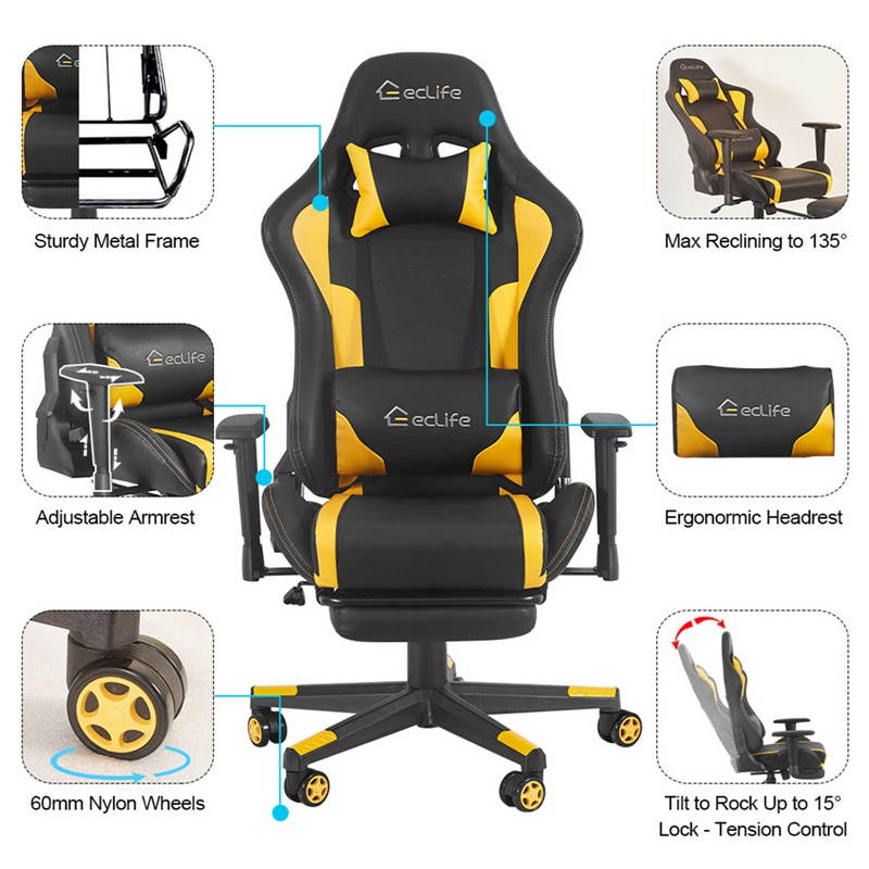 Eclife PC Gaming Chair Massage game chair/ergonomic design/office chair/Racing Style Gaming Chair/provide you with a comfortable game office environment(Yellow and Black)