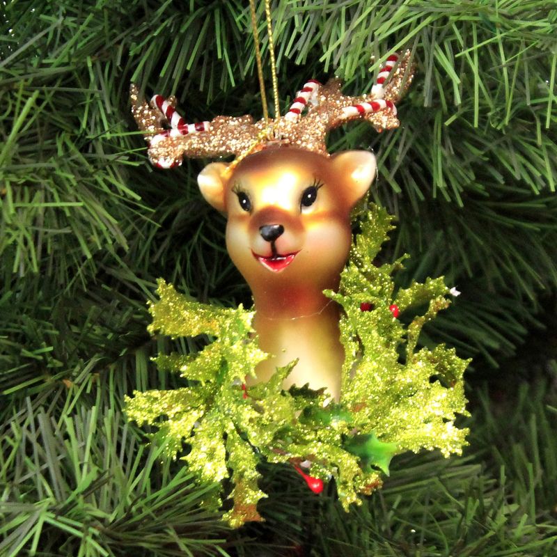 Holiday Ornament 5.0" Retro Reindeer With Wreath Christmas Antlers Candycane  -  Tree Ornaments
