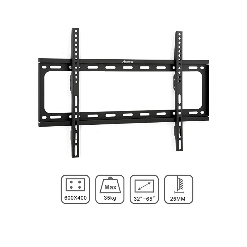 Low-Profile TV Wall Mount 1" Slim Fixed Bracket w/Magnetic Removable Bubble Level for 32-65 inch LCD, LED, 4K or Plasma TVs VESA up to 600 x 400, 77 lbs Loading Capacity - Black (41033)
