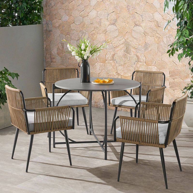 Alburgh 5pc Outdoor Set with Four Rope Chairs & Table - Beige - Alaterre Furniture