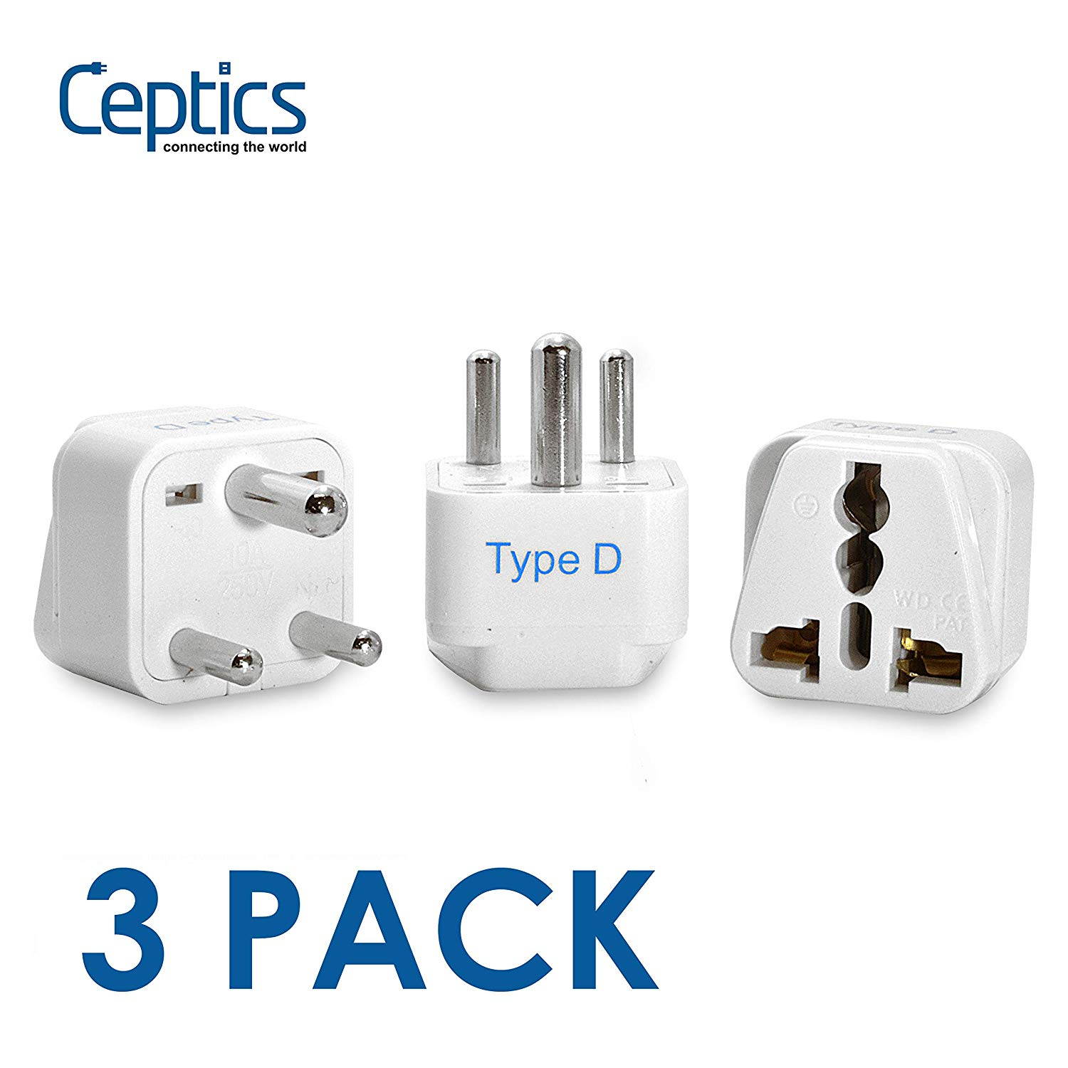 Ceptics India, Pakistan, Nepal, Bangladesh Travel Plug Adapter (Type D), Universal Socket Plug Accepts Plugs From any Country, Perfect for Cell Phones, Laptop - 3 Pack (GP-10)