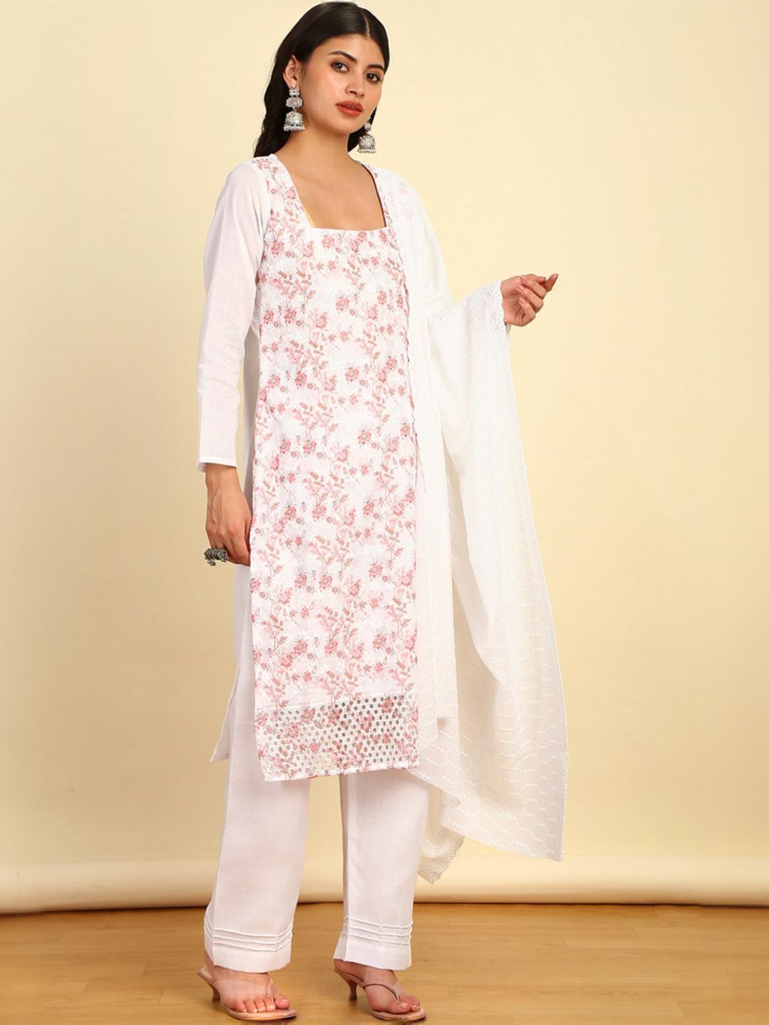 Soch Womens Pink Floral Print Cotton Unstitched Dress Material With Schiffli