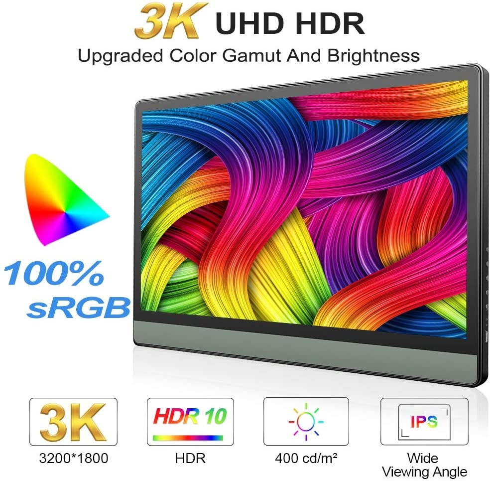 HONGO 3K Portable Monitor Ultra-Slim High Color Gamut Dual Display 13.3 Inch USB C Computer Display with Mini HDMI Type-C, Built-in Speaker for Laptop PC Phone PS4 Xbox Mac Included Smart Cover