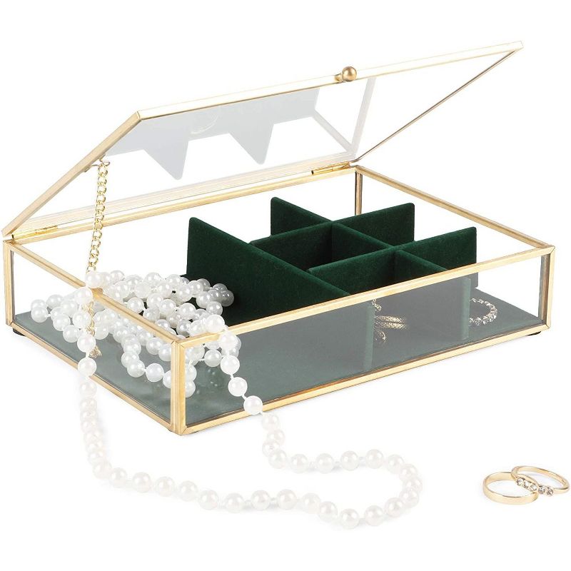 Farmlyn Creek Glass with Gold Trim Jewelry Box with Green Velvet Organizer (7.1 x 5.5 x 1.6 In)